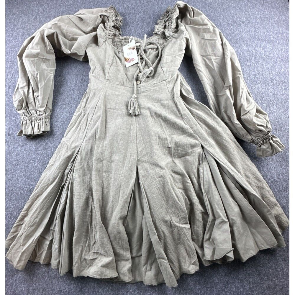 Chelsea‎ & Violet Dress Womens Small Taupe Puff Sleeve Smocked Back Pleated New